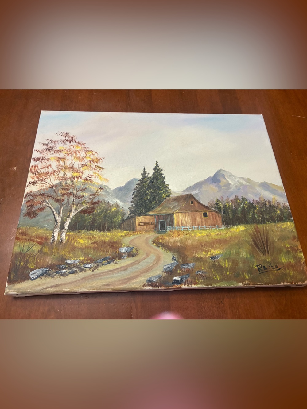 Rustic Barn Landscape Canvas Painting in Brown and Green - Unbranded
